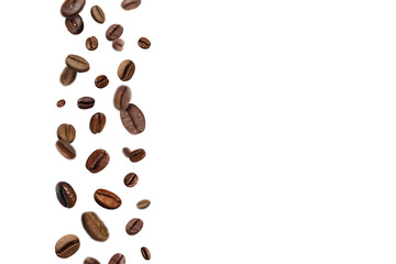Roasted coffee beans falling against white background