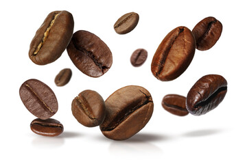 Roasted coffee beans falling onto white background