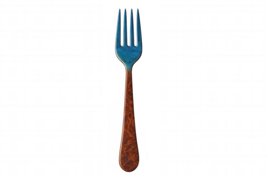 Blue-tined metal fork with rich brown handle positioned on pristine white surface, highlighting sleek design and culinary minimalism