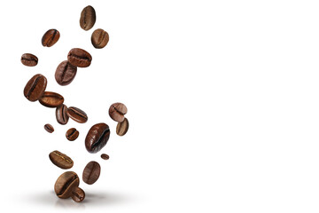 Roasted coffee beans falling onto white background