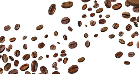 Roasted coffee beans flying against white background