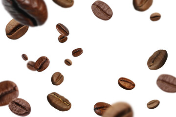 Roasted coffee beans flying against white background