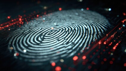 Fingerprint overlaid on a dark, digital background with glowing particles