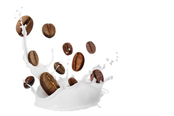 Roasted coffee beans falling into splash of milk against white background