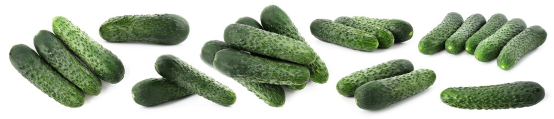 Fresh ripe cucumbers isolated on white, collage