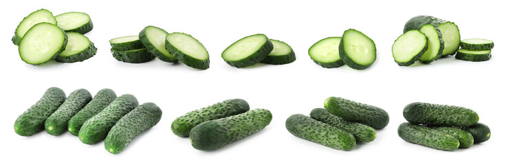 Fresh cucumbers isolated on white, collage. Whole and sliced