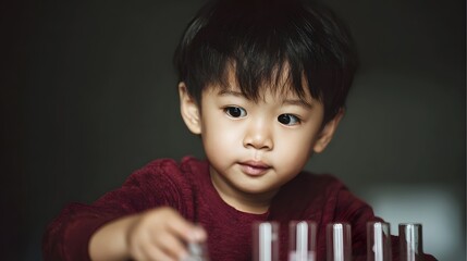 Curious child engrossed in a science experiment with test tubes