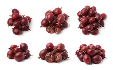 Piles of fresh red gooseberries on white background, set. Top and side view