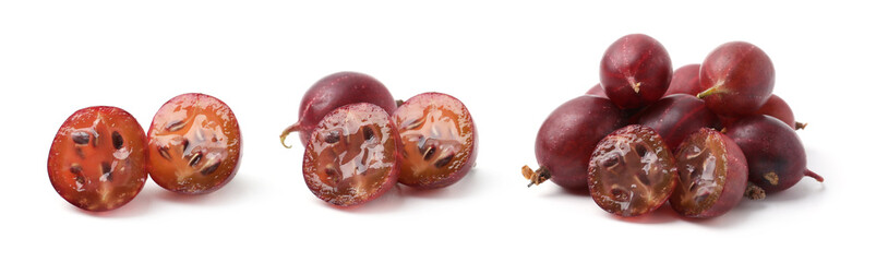 Fresh red gooseberries on white background, set