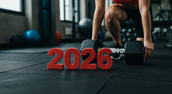 Sporty sweatband-wrapped numbers 2026 on gym floor with dumbbells and yoga in bright fitness studio