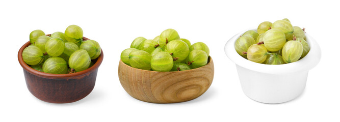 Fresh green gooseberries in bowls on white background, collage