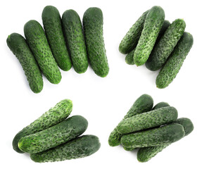 Fresh ripe cucumbers isolated on white, collage. Top view