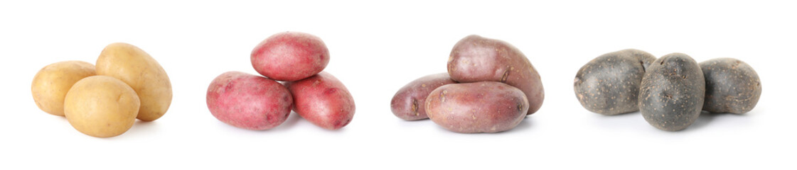Different types of raw potatoes isolated on white, set