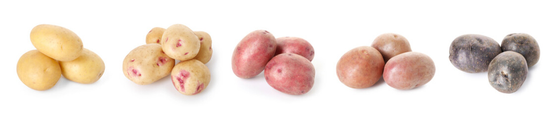 Different types of raw potatoes isolated on white, set