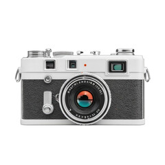 Vintage 35mm SLR camera, white and gray body, focusing ring visible