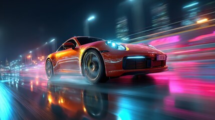 Red Sports Car Speeding Through Neon City at Night