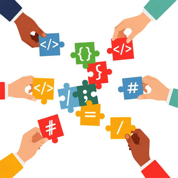 Hands of diverse people assembling puzzle pieces with programming symbols, representing collaboration and teamwork in software development