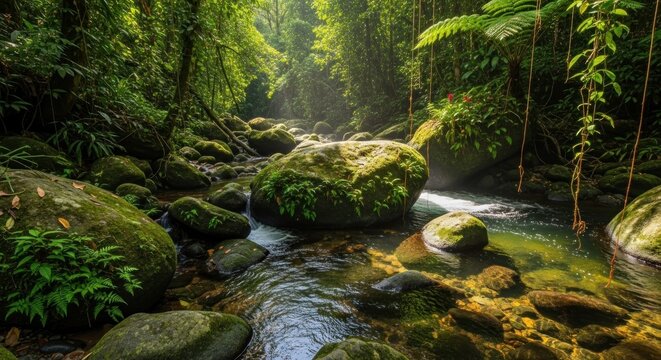 Lush green forest with a flowing stream over mossy rocks, sunlight filtering through trees above