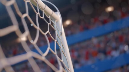 A soccer ball hitting the back of the net in slow motion. The moment of scoring a goal and achieving victory. Use for sports broadcasts, highlights, and motivational content