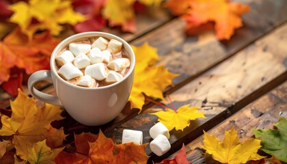 Cup of hot chocolate topped with marshmallows surrounded by autumn leaves on wooden table