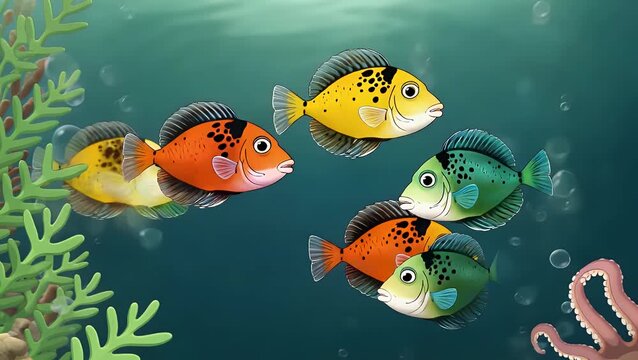 playful colorful balloon fish swimming puffing lively 2d animation vibrant hues of yellow orange black green interacting with ocean elements perfect cartoon style 4k chroma key stock video