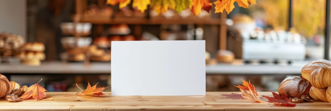 Autumn bakery scene with blank card for back to school design. Horizontal banner. Copy space. Template, mock-up for cafe, coffee shop, bar, bakery