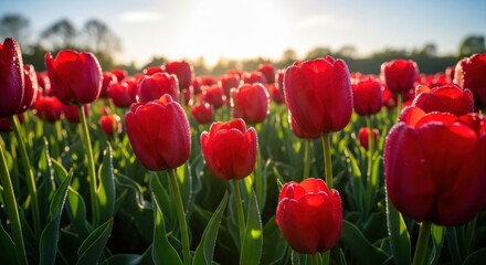 Fototapeta premium Close up of vibrant red blossoms in a field, illuminated by sunlight, creates a warm and inviting scene with hints of morning dew