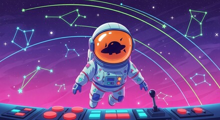 Naklejka premium A cheerful cartoon astronaut explores a colorful cosmic landscape filled with stars and constellations, featuring a mysterious UFO reflection in their visor,...
