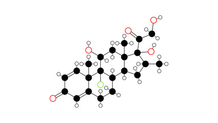 betamethasone molecule, structural chemical formula, ball-and-stick model, isolated image anti-inflammatory