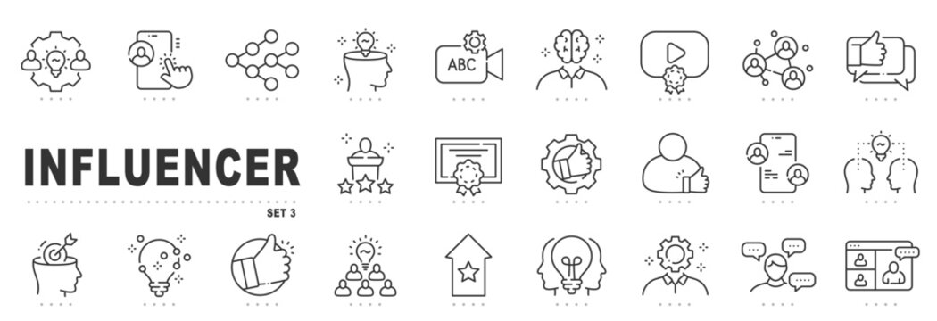 Influencer line icons for social media marketing: content creator tools, engagement, community, video, endorsement, rating, certificate, livestream, webinar, editable stroke