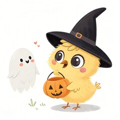 Adorable Chick in Witch Hat with Pumpkin Trick or Treat Bucket and Friendly Ghost for Halloween