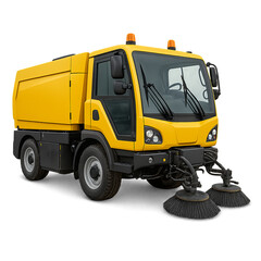 Isolated transparent realistic industrial sweeper machine for street cleaning, industrial sweeper with rotating brushes, industrial sweeper vehicle equipment PNG die-cut.