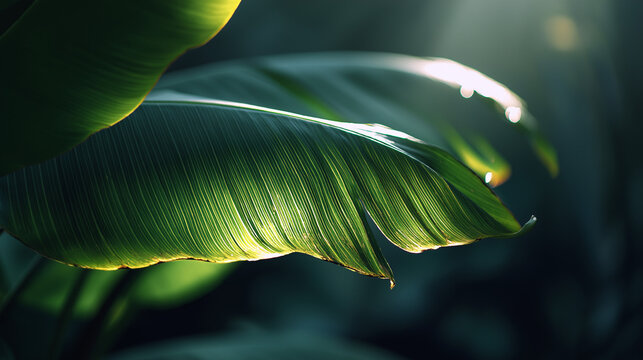 A stunning, cinematic image of a banana leaf reflecting the sunlight, with the vibrant green contrasting against a dark, out-of-focus background, creating a high-impact, full HD photo.