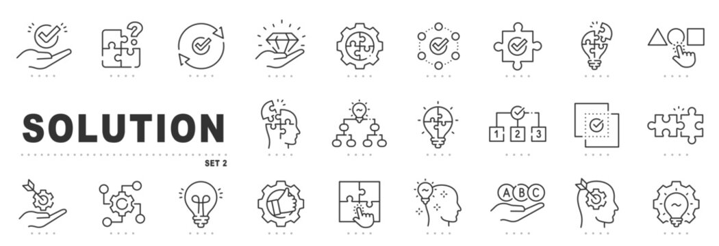 Outline solution icons for problem solving, strategy, decision, puzzle integration, idea innovation, workflow optimization, target success, selection, validation management planning
