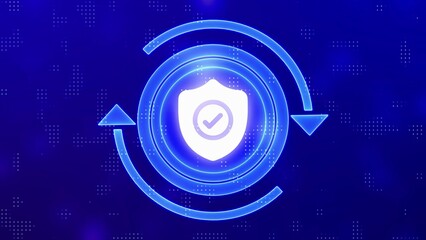 Blue Shield Icon with Check Mark and Circular Arrows on a Blue Digital Background security protection