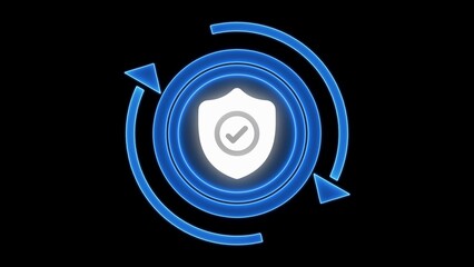 Blue Shield Icon with Check Mark and Circular Arrows on a Black Background security protection