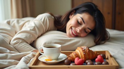 A person rests on a bed with a tray of coffee and fruit, expressing calm happiness; 4K and HD image