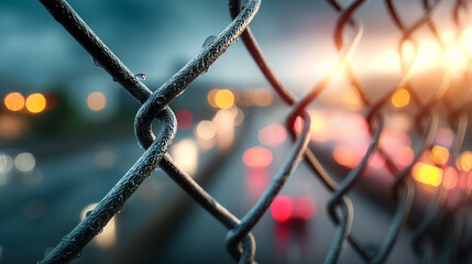 A close-up view of a chain-link fence with dramatic bokeh effects in the background, capturing the essence of urban life.