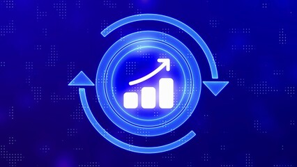 Blue Neon Bar Chart Icon with Upward Arrow and Circular Arrows on Digital Background graph analytics