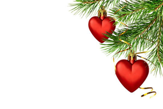 Christmas corner decoration with pine twigs and two red hearts isolated on white or transparent background - Powered by Adobe