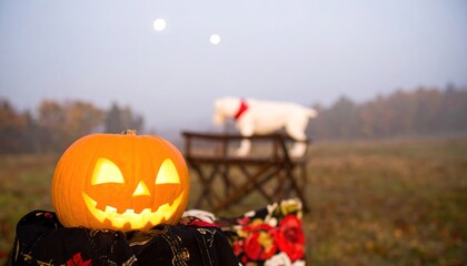 Foggy Halloween night with jack-o'-lantern and curious dog creates a spooky scene