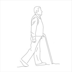 Elderly overweight man with stick. Continuous one line drawing. 