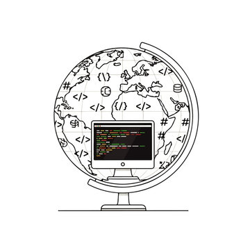 A computer monitor displaying code sits atop a globe, symbolizing global software development and connectivity