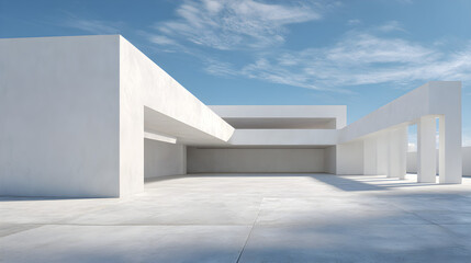 Obraz premium Modern white concrete exterior with minimal geometric design, wide empty cement floor, clean architectural shadows, ideal for car presentation --ar 16:9