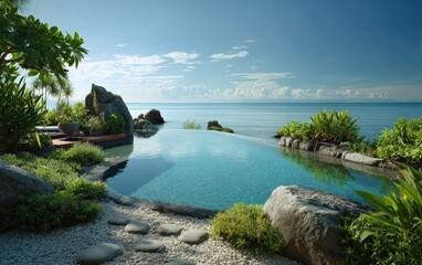 Luxury infinity pool overlooking ocean horizon with native landscaping and natural stone features showcasing serene eco resort and sustainable hospitality.