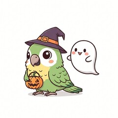 Adorable Halloween Parrot with Witch Hat Ghost and Pumpkin