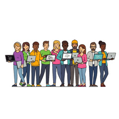 Fototapeta premium Diverse group of people collaborating, using laptops and tablets, showcasing teamwork and technology