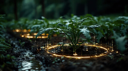 Fototapeta premium Smart farming irrigation glowing ring crop field in misty dawn mood