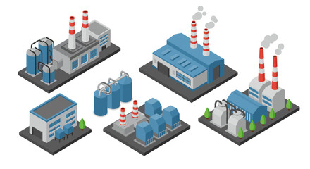 Isometric industrial buildings collection with blue and gray designs