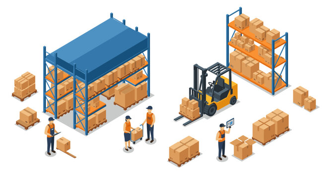 Isometric warehouse scene with workers and forklift